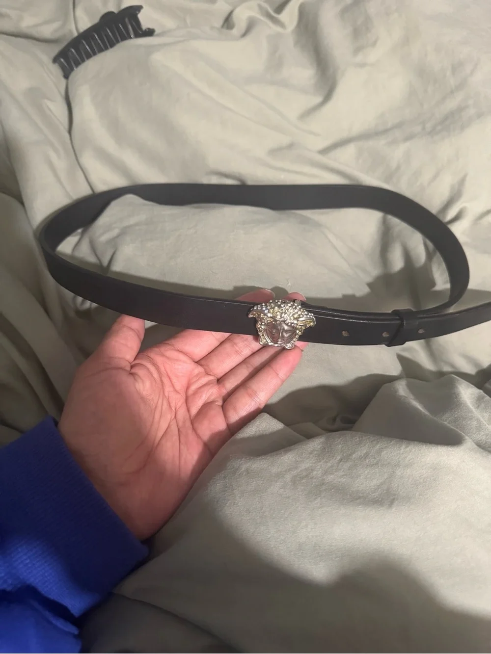 Versace Black Leather Belt with Silver Medusa Buckle